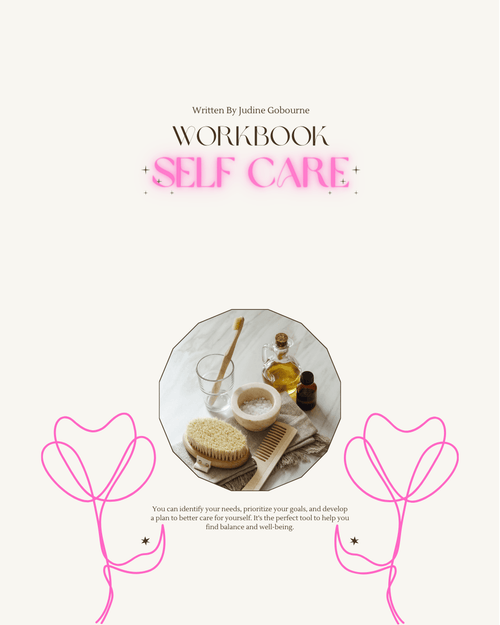 Self-care workbook cover with bath salts and brushes